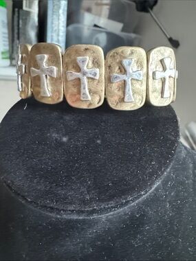 Boho Mixed Metal Cross Stretch Bracelet Antiqued Gold Silver Tone Christian